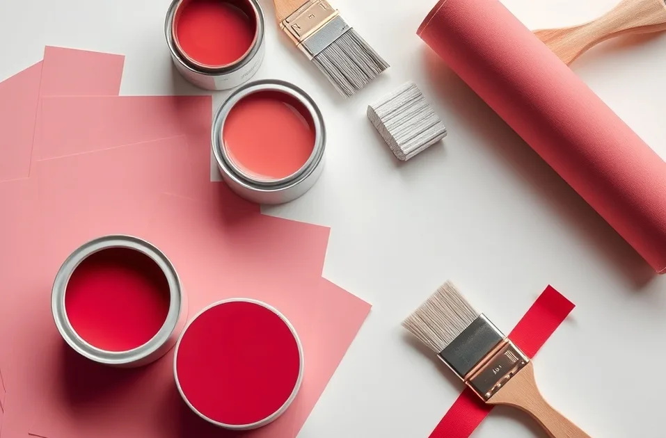 Pots de peinture, nuancier, brosses et rouleaux disposés à plat