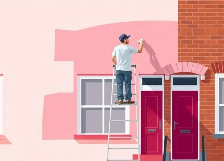 Peintre sur échafaudage traitant la façade d'une maison
